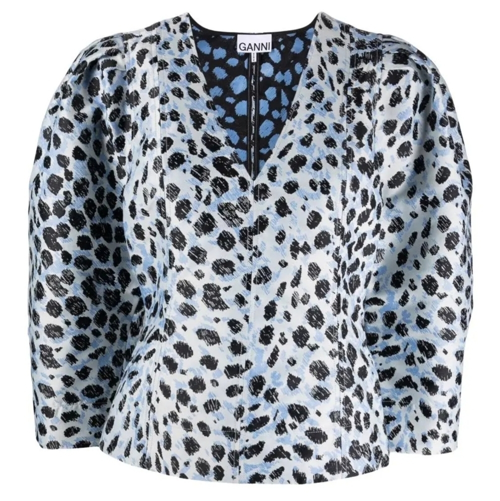 Ganni White and Blue Animal Print Blouse